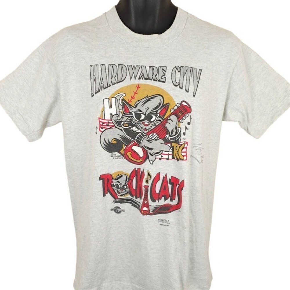 Vintage Hardware City Rock Cats T Shirt Mens Size Medium Gray MiLB Made In USA